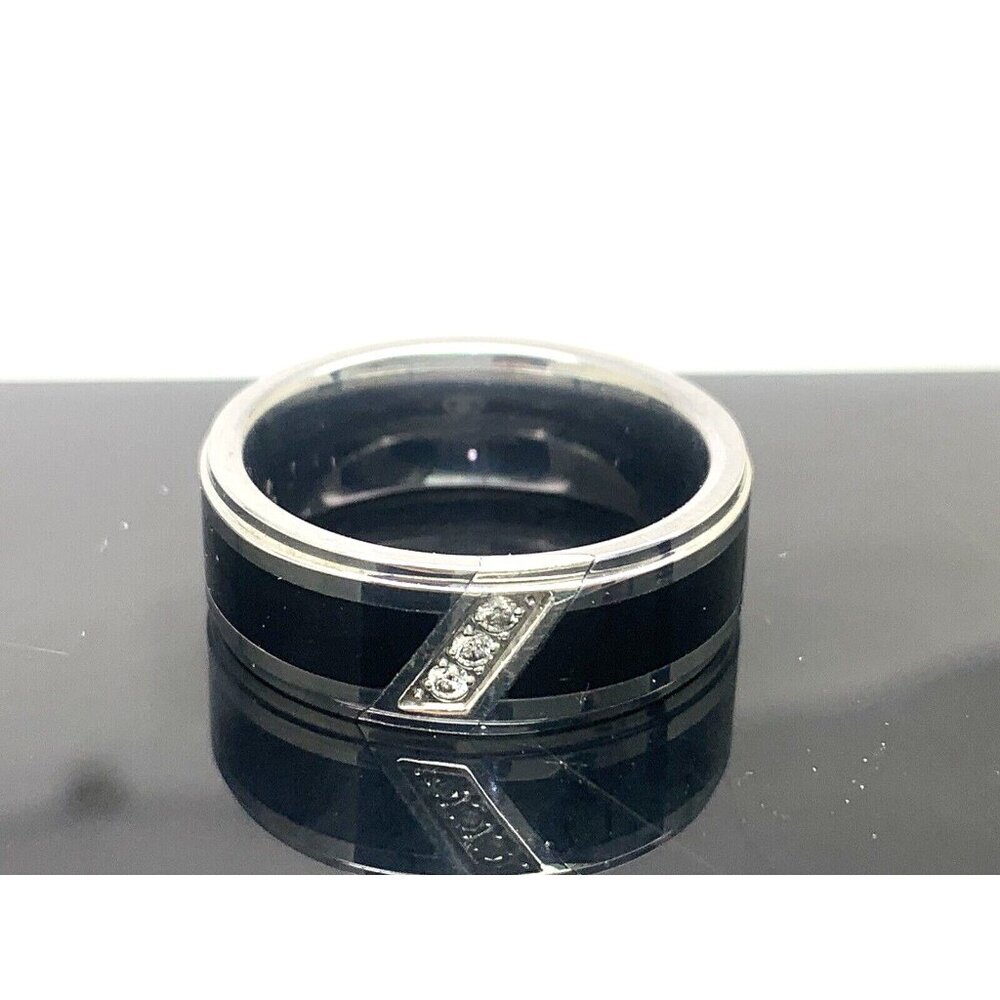 Men's Wedding Band Diamond Black Silver Tungsten Carbide 8mm Ring Size 9.75